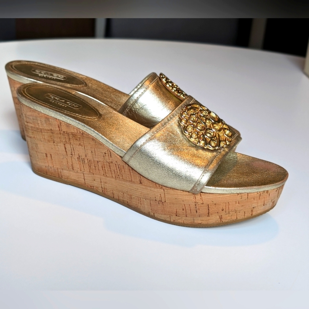 Coach | Metallic Gold Judith Cork Wedge Slide Sandals | 8.5
